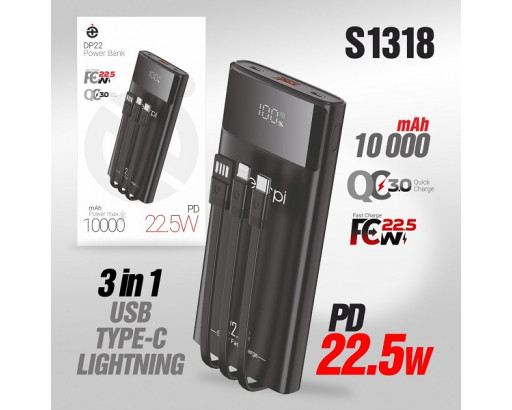 Аккумулятор внешний (Power bank)  10000mAh PD20W/Fast 22.5W/Display/с проводами Deespi  DP22