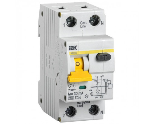 Дифференциальный автомат (АВДТ) IEK 1P+N C 16А 30mA 6kA (Тип A) 230V АВДТ32 KARAT MAD22-5-016-C-30
