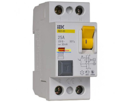 УЗО (ВДТ) IEK 1P+N 25А 30mA 4.5kA (Тип AC) ВД1-63  MDV10-2-025-030
