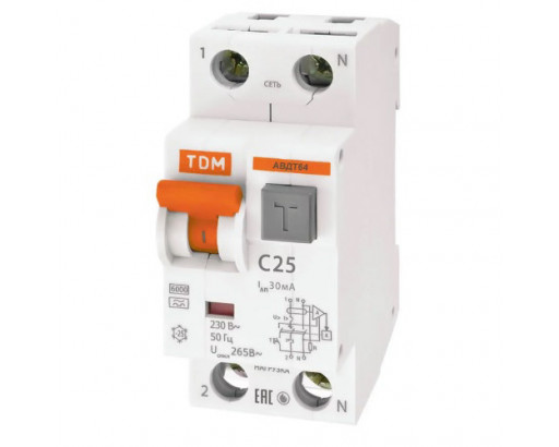 Дифференциальный автомат (АВДТ) TDM 1P+N C 25A 30mA 6kA (Тип A) 230V АВДТ 64 SQ0205-0006 ЗАКАЗ