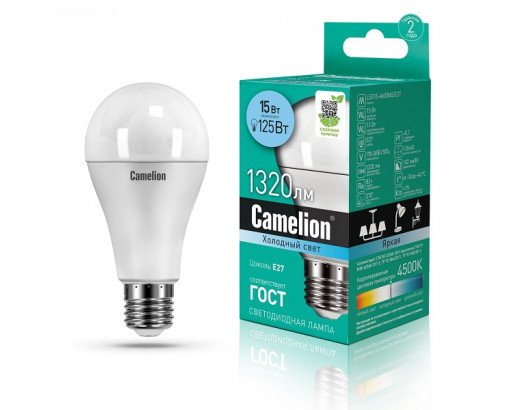 Лампа светодиодная Груша E27 15W 220V 4500K Матовая A60 1320Лм (60х120мм) Camelion LED15-A60/845/E27 12651