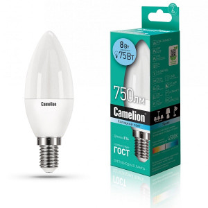 Лампа светодиодная Свеча E14 _8W 220V 4500K Матовая C37 750Лм (38х106мм) Camelion LED8-C35/845/E14 12386