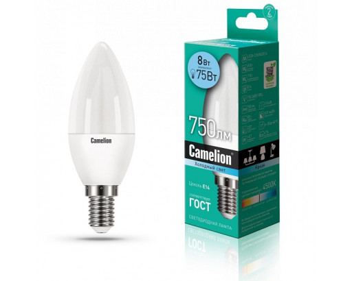 Лампа светодиодная Свеча E14 _8W 220V 4500K Матовая C37 750Лм (38х106мм) Camelion LED8-C35/845/E14 12386