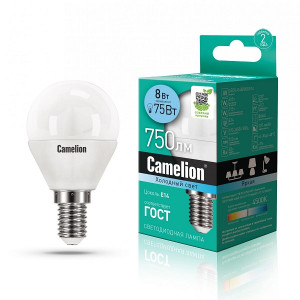 Лампа светодиодная Шар E14 _8W 220V 4500K Матовая G45 750Лм (46х88мм) Camelion LED8-G45/845/E14 12393