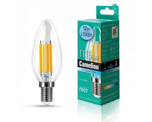 Лампа светодиодная Свеча E14 _12W 220V 4500K ФИЛАМЕНТ C35 750Лм (38х106мм) Camelion LED12-C35-FL/845/E14 13709