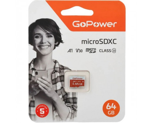 Карта памяти MicroSD 64 Gb class 10 (без адаптера SD) GoPower U3 V30 100Мб/сек