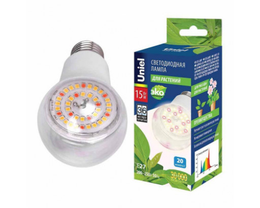 Фито лампа A60 E27 15W 20мкмоль/с 60x130 прозр. LED-A60-15W/SPFB/E27/CL UNIEL  для растений