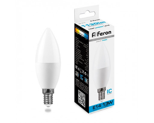 Лампа светодиодная Свеча E14 13W 220V 6400K Матовая C37 1105Лм (37х110мм) Feron LB-970 38109