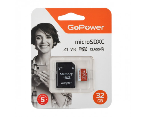 Карта памяти MicroSD 32 Gb class 10 (с адаптером SD) GoPower U3 V30 80Мб/сек