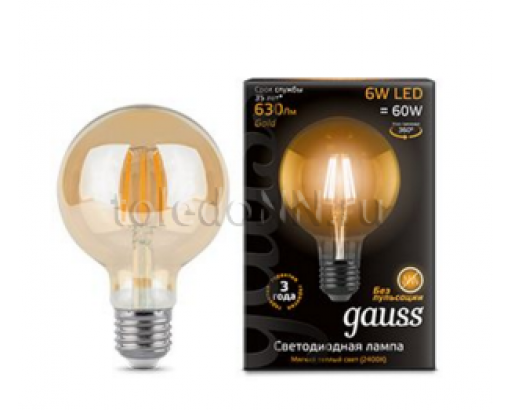 Лампа светодиодная Декоративная E27 _6W 220V 2400K ФИЛАМЕНТ Прозрачная золотой G95 550Лм (95х135мм) Gauss Black Filament 105802006