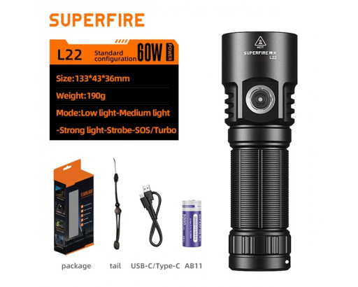 Фонарь ручной Аккум. Superfire L22 ( 60W, заряд от USB, Type-C, 6 режимов, акк. 26650, 5000лм)