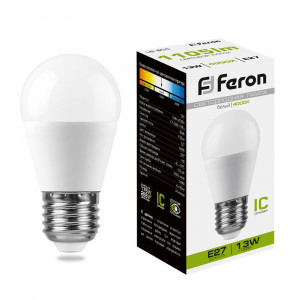 Лампа светодиодная Шар E27 13W 220V 4000K Матовая G45 1080Лм (45x90мм) Feron LB-950 38105