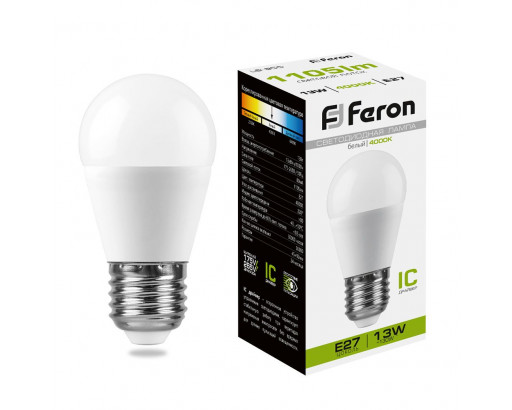 Лампа светодиодная Шар E27 13W 220V 4000K Матовая G45 1080Лм (45x90мм) Feron LB-950 38105