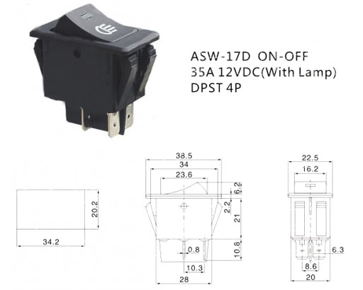 Переключатель авто ASW-17D синий/зеленый диод 12V, 35А, 4с (Габариты)