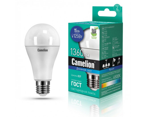 Лампа светодиодная Груша E27 15W 220V 6500K Матовая A60 1360Лм (60х120мм) Camelion LED15-A60/865/E27 12713