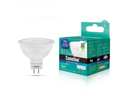Лампа светодиодная Отражатель GU5.3 10W 220V 6500K Матовая MR16 810Лм (50х52мм) Camelion LED10-JCDR/865 13686