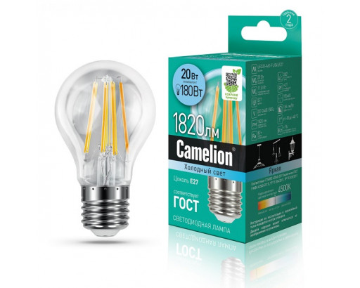Лампа светодиодная Груша E27 20W 220V 4500K ФИЛАМЕНТ A60 925Лм (60х109мм) Camelion LED20-A60-FL/845/E27 13719