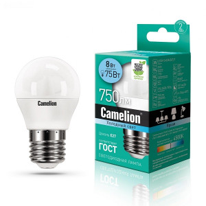 Лампа светодиодная Шар E27 _8W 220V 4500K Матовая G45 750Лм (46х88мм) Camelion LED8-G45/845/E27 12394