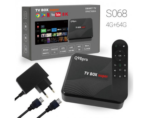 Мультимедийная IPTV/OTT приставка 4/ 64 Q98pro (Android 11 /голосов. упр. / Amlogic S905Y4 / BT+Wi-Fi/ 4Гб DDRIII / 64Гб EMMC, видео 8K) 4/64