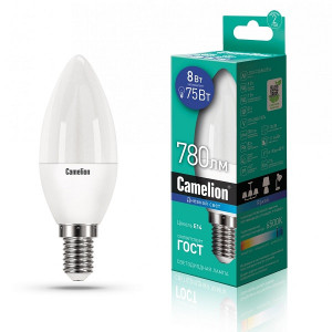 Лампа светодиодная Свеча E14 _8W 220V 6500K Матовая C37 780Лм (38х106мм) Camelion LED8-C35/865/E14 13370