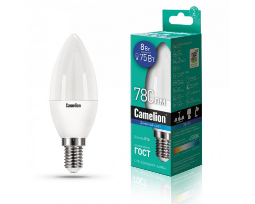 Лампа светодиодная Свеча E14 _8W 220V 6500K Матовая C37 780Лм (38х106мм) Camelion LED8-C35/865/E14 13370