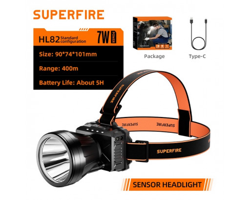 Фонарь Аккум. налобный Superfire HL82 (7W, заряд от USB, сенсор, Type-C, 5 режима, акк. 2*18650, 2*1500mAh, 500лм)