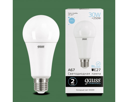 Лампа светодиодная Груша E27 30W 220V 6500K Матовая A67 2390Лм (70х145мм) Gauss Elementary 73239