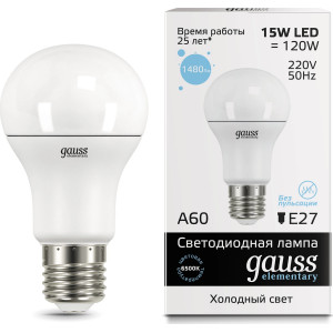 Лампа светодиодная Груша E27 15W 220V 6500K Матовая A60 1480Лм (60х116мм) Gauss Elementary 23235