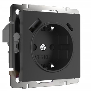 WERKEL Черный матовый Розетка 1-я с/з, шторками и USB тип A+C    W1171708