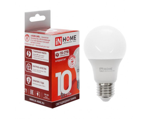 Лампа светодиодная Груша E27 10W 220V 6500K Матовая A60 950Лм (60х110мм) IN HOME VC 4690612020228