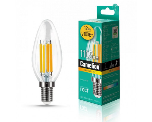 Лампа светодиодная Свеча E14 _12W 220V 3000K ФИЛАМЕНТ C35 750Лм (38х106мм) Camelion LED12-C35-FL/830/E14 13708