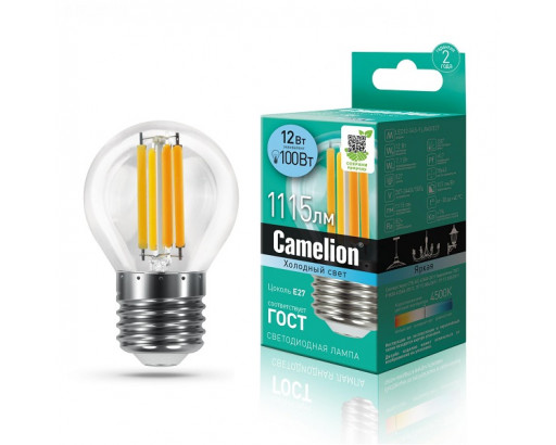 Лампа светодиодная Шар E27 _12W 220V 4500K ФИЛАМЕНТ G45 750Лм (46х88мм) Camelion LED12-G45-FL/845/E27 13715