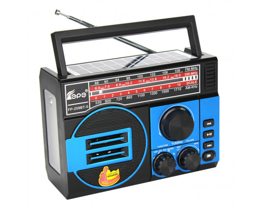 Радиоприёмник FP-259BT-S (FM/AM/SW, USB, TF, 18650/2R20, microUSB, фонарь, солнеч. батар., Bluetooth)
