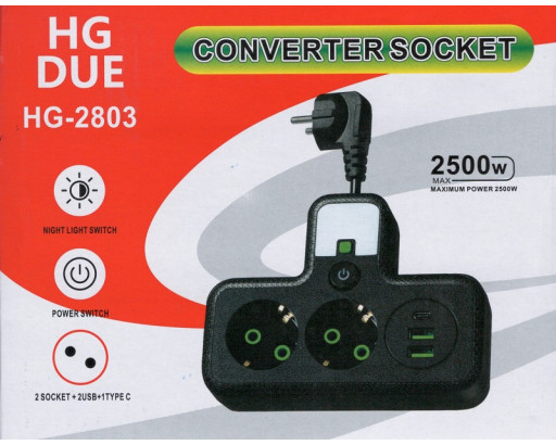 Разветвитель электрический на проводе HG-2803 2 гнезда, 2хUSB, 1хType-C, 2500W, ночник, Черный