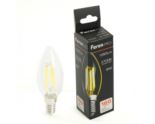 Лампа светодиодная Свеча E14 _8W 220V 2700K ФИЛАМЕНТ С35 1280Лм (35х98мм)  Feron .PRO OSRAM LB-1208 51247