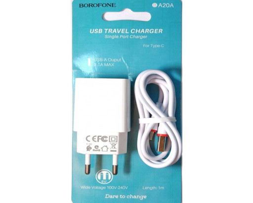 СЗУ 2,1А 10,5W USB (С КАБЕЛЕМ USB - Type-C 1м) 5V BOROFONE BA20A (в блистере)