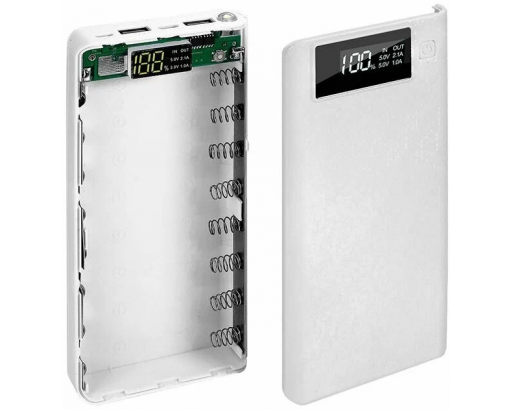 Корпус Power bank для аккумуляторов 18650х8 с плоским контактом   (5V, 2А, 2хUSB, 1хType-C, фонарь) белый С18