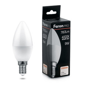 Лампа светодиодная Свеча E14 _9W 220V 4000K Матовая C37 760Лм (37х100мм) Feron .PRO OSRAM LB-1309 38060 ЗАКАЗ
