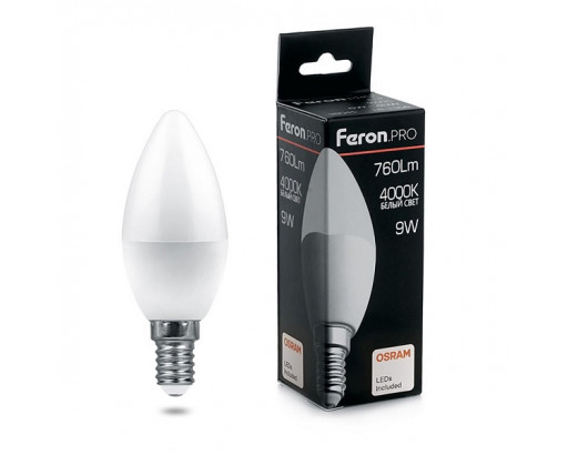 Лампа светодиодная Свеча E14 _9W 220V 4000K Матовая C37 760Лм (37х100мм) Feron .PRO OSRAM LB-1309 38060