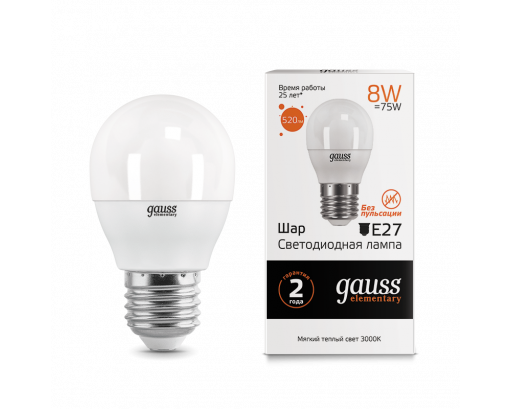 Лампа светодиодная Шар E27 _8W 220V 3000K Матовая G45 520Лм (45х80мм) Gauss Elementary 53218