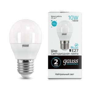 Лампа светодиодная Шар E27 10W 220V 4100K Матовая G45 730Лм (45х80мм) Gauss Elementary 53220