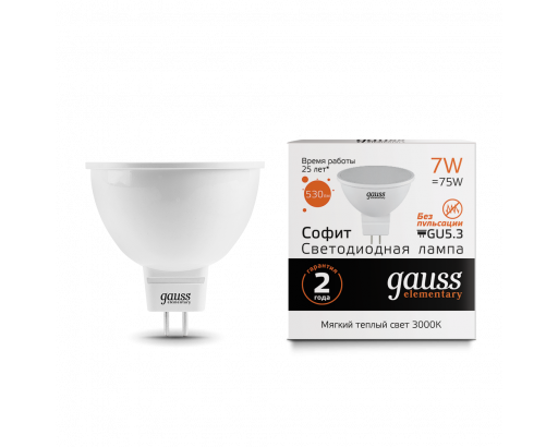 Лампа светодиодная Отражатель GU5.3 _7W 220V 3000K Матовая MR16 530Лм (50х40мм) Gauss Elementary 13517