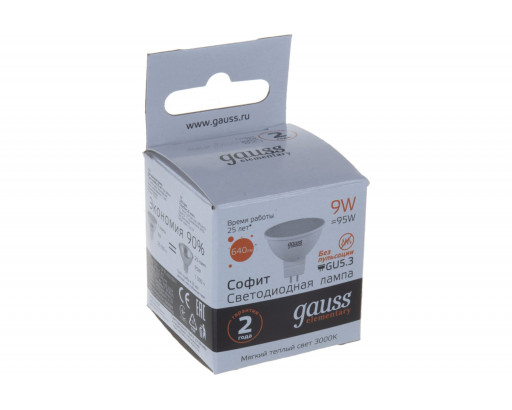 Лампа светодиодная Отражатель GU5.3 _9W 220V 3000K Матовая MR16 640Лм (50х40мм) Gauss Elementary 13519