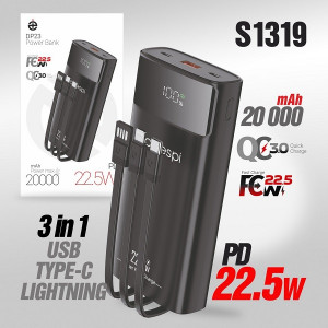 Аккумулятор внешний (Power bank)  20000mAh PD20W/Fast 22.5W/Display/с проводами Deespi  DP23