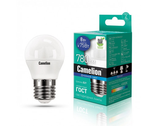 Лампа светодиодная Шар E27 _8W 220V 6500K Матовая G45 780Лм (46х88мм) Camelion LED8-G45/865/E14 13373