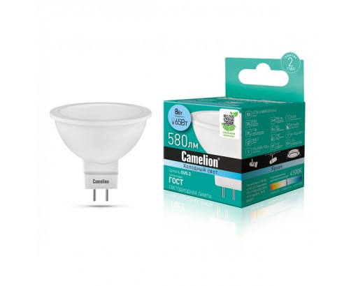 Лампа светодиодная Отражатель GU5.3 8W 220V 4500K Матовая MR16 580Лм (50х47мм) Camelion LED8-S108/845 12872