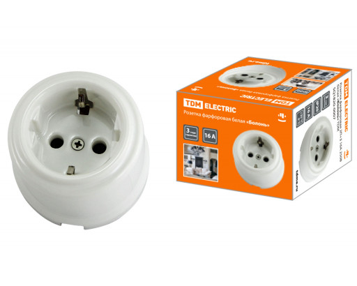 Розетка фарфоровая Болонь Белый 2П+З 16А 220V белая SQ1820-0007 TDM
