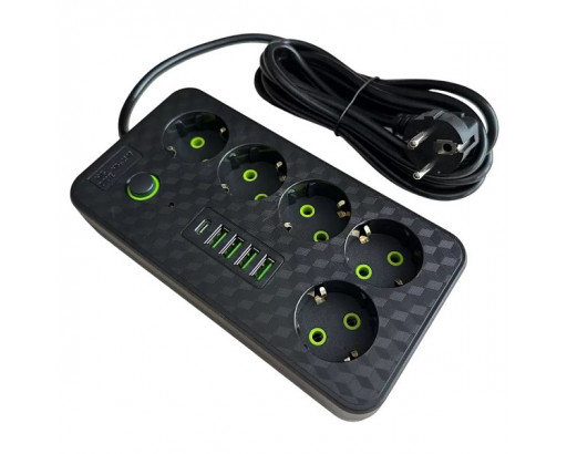 Удлинитель электрический HG-2505 4 гнезда, 4хUSB, 1хType-C, 2500W, 3м, Черный