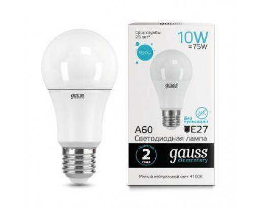 Лампа светодиодная Груша E27 10W 220V 4100K Матовая A60 920Лм (60х107мм) Gauss Elementary 23220