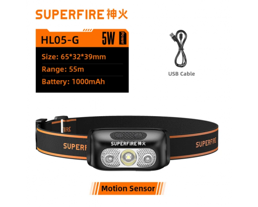 Фонарь Аккум. налобный Superfire HL05-G (5W, датчик движения, заряд от USB, 5 режимов, встроенный аккум. 1000mAh, 500лм)